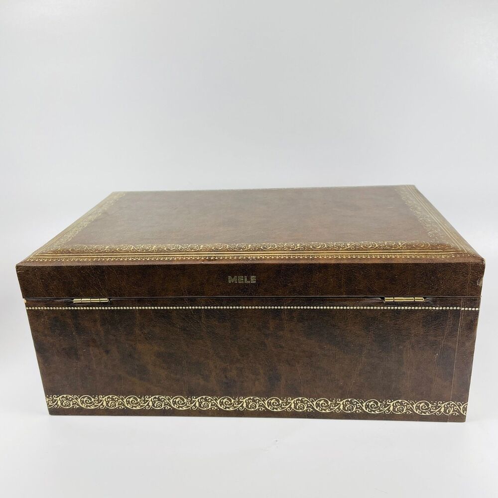 VTG MELE 4-Tier Jewelry Box MCM Mid-Century Faux Leather Satin Gold Velvet w KEY - Picture 4 of 16